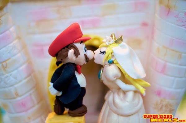 princess peach and mario kissing. Mario standing on a question